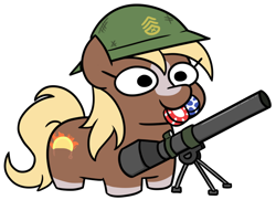 Size: 908x657 | Tagged: safe, artist:jargon scott, imported from derpibooru, earth pony, pony, army helmet, blaze (coat marking), coat markings, cute, facial markings, female, helmet, mare, mouth hold, poker chips, ponified, recoilless rifle, sergeant reckless, simple background, smiling, solo, squatpony, weapon, white background