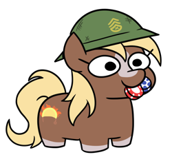 Size: 760x701 | Tagged: safe, alternate version, artist:jargon scott, imported from derpibooru, earth pony, pony, army helmet, blaze (coat marking), coat markings, cute, facial markings, female, helmet, mare, mouth hold, poker chips, ponified, sergeant reckless, simple background, smiling, solo, squatpony, white background