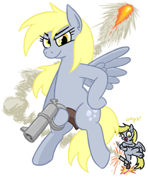 Size: 901x1080 | Tagged: safe, artist:jargon scott, imported from derpibooru, derpy hooves, pegasus, pony, art pack:flare mares, female, flare gun, furrowed brow, hoof hold, i just don't know what went wrong, looking at you, mare, misleading thumbnail, oops, phallic symbol, simple background, smiling, smiling at you, smirk, solo, white background