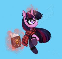Size: 1051x1000 | Tagged: safe, artist:inkypuso, imported from derpibooru, twilight sparkle, pony, unicorn, alternate hairstyle, black socks, blue background, book, clothes, darkened hair, ear piercing, eyelashes, eyeshadow, flowing mane, glasses, glowing, glowing horn, goth, goth pony, gothic, horn, looking up, magic, magic aura, makeup, nose piercing, piercing, scarf, shirt, signature, simple background, socks, stars, striped scarf, tail, telekinesis, two toned mane, two toned tail, unicorn twilight