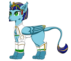 Size: 2800x2400 | Tagged: safe, artist:nismorose, imported from derpibooru, oc, oc only, oc:acekara bow, sphinx, blue mane, cat nose, cat paws, cheek fluff, chest fluff, clothes, colored wings, ear fluff, female, green eyes, leg fluff, mare, multicolored hair, multicolored mane, multicolored wings, paws, simple background, slit pupils, solo, sphinx oc, transparent background, wings