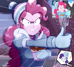 Size: 2134x1934 | Tagged: safe, artist:the-butch-x, imported from derpibooru, screencap, pinkie pie, rarity, human, equestria girls, equestria girls series, holidays unwrapped, spoiler:eqg series (season 2), clothes, fanart, female, female focus, food, fork, gloves, outdoors, question mark, saving pinkie's pie, screencap reference, snow, solo focus, tree, winter, winter outfit