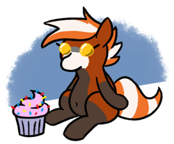 Size: 426x354 | Tagged: safe, artist:jargon scott, imported from derpibooru, oc, oc only, oc:pandy cyoot, pony, red panda, red panda pony, belly button, cupcake, female, food, mare, plushie, simple background, solo, white background