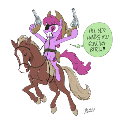 Size: 1800x1800 | Tagged: safe, artist:mellodillo, imported from derpibooru, berry punch, berryshine, earth pony, horse, pony, commission, dexterous hooves, eyepatch, furry confusion, gun, handgun, horse riding a horse, ponies riding horses, revolver, riding, simple background, true grit, weapon, western, white background