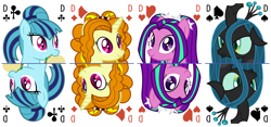 Size: 6400x3000 | Tagged: safe, artist:parclytaxel, imported from derpibooru, adagio dazzle, aria blaze, queen chrysalis, sonata dusk, changeling, changeling queen, earth pony, pegasus, pony, unicorn, series:parcly's pony pattern playing cards, .svg available, absurd resolution, bust, equestria girls ponified, female, food, horn, looking at you, mare, nom, pigtails, playing card, ponified, portrait, queen of clubs, queen of diamonds, queen of hearts, queen of spades, rotational symmetry, simple background, smiling, smiling at you, sonataco, spiked headband, taco, tarot card, that pony sure does love tacos, the dazzlings, twintails, vector, white background