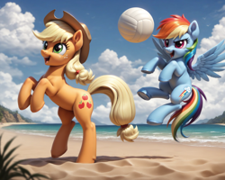 Size: 1920x1536 | Tagged: safe, imported from derpibooru, applejack, rainbow dash, earth pony, pegasus, pony, ai content, ai generated, beach, bipedal, cloud, duo, generator:pony diffusion v6 xl, generator:stable diffusion, happy, hooves, looking offscreen, ocean, playing, prompter:foxpony, sand, smiling, sports, volleyball, water