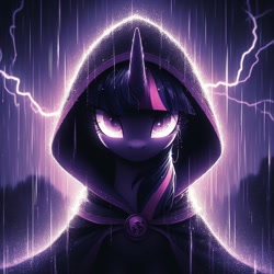 Size: 1024x1024 | Tagged: safe, imported from derpibooru, twilight sparkle, pony, ai content, ai generated, backlighting, clothes, dark, female, generator:dall-e 3, glowing, glowing eyes, lightning, mare, prompter:doomguy397, rain, robe, storm
