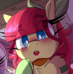 Size: 677x685 | Tagged: safe, artist:lockheart, imported from derpibooru, torque wrench, earth pony, pony, blushing, bust, chest fluff, close-up, eye clipping through hair, eyebrows, eyebrows visible through hair, female, human shoulders, lipstick, mare, offscreen character, preview, solo focus
