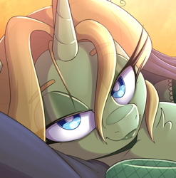 Size: 582x590 | Tagged: safe, artist:lockheart, imported from derpibooru, dear darling, pony, unicorn, bedroom eyes, chest fluff, close-up, eye clipping through hair, eyebrows, eyebrows visible through hair, female, horn, long eyelashes, looking at you, mare, preview, smiling, smiling at you, solo