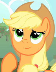 Size: 555x720 | Tagged: safe, edit, edited screencap, editor:twilyisbestpone, imported from derpibooru, screencap, applejack, earth pony, pony, party of one, season 1, cropped, cute, female, inverted mouth, jackabetes, looking up, mare, smiling, solo
