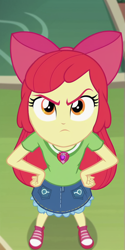 Size: 600x1200 | Tagged: safe, imported from twibooru, apple bloom, equestria girls, ai content, ai generated, angry, bow, child, clothes, cutie mark, cutie mark on clothes, eyes closed, female, hair bow, image, looking up, png, shirt, shoes, skirt, t-shirt