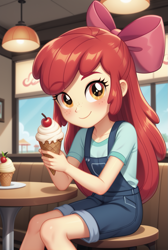 Size: 735x1096 | Tagged: safe, imported from twibooru, apple bloom, human, equestria girls, ai content, ai generated, bow, child, clothes, female, food, hair bow, humanized, ice cream, image, looking at you, png, restaurant