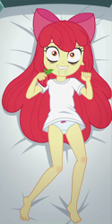 Size: 600x1200 | Tagged: safe, imported from twibooru, apple bloom, equestria girls, ai content, ai generated, bags under eyes, bare legs, barefoot, bed, bow, child, clothes, drool, feet, female, food, hair bow, image, on bed, panties, png, shirt, strawberry, t-shirt, underwear