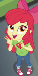 Size: 600x1200 | Tagged: safe, imported from twibooru, apple bloom, equestria girls, ai content, ai generated, bow, child, clothes, female, food, hair bow, image, jeans, looking at you, pants, peace sign, png, shirt, shoes, smiling, strawberry, t-shirt