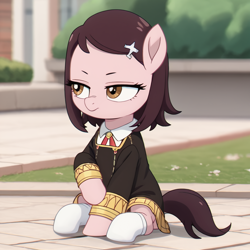 Size: 1024x1024 | Tagged: safe, imported from twibooru, earth pony, pony, ai content, ai generated, anime, becky blackbell, clothes, female, filly, image, png, ponified, socks, spy x family, uniform