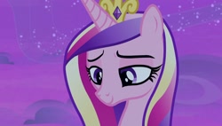 Size: 1920x1088 | Tagged: safe, imported from derpibooru, screencap, princess cadance, once upon a zeppelin, eyelashes, female, horn, lidded eyes, looking offscreen, multicolored hair, multicolored mane, night, pink body, smiling, solo, stars