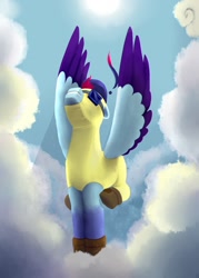 Size: 1000x1400 | Tagged: safe, artist:dagych, imported from derpibooru, oc, oc only, pegasus, pony, 2021, blue sky, clothes, cloud, flight suit, flying, male, pegasus oc, shoes, solo, stallion, wings