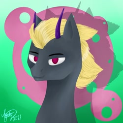 Size: 2160x2160 | Tagged: safe, artist:dagych, imported from derpibooru, oc, oc only, pony, unicorn, 2021, abstract background, blonde mane, bust, gray coat, horn, red eyes, solo, unicorn oc