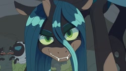 Size: 1016x571 | Tagged: safe, artist:ghoasthead, imported from derpibooru, queen chrysalis, changeling, changeling larva, changeling queen, nymph, fangs, female, grub, larva, looking at you, mare, smiling, tongue out