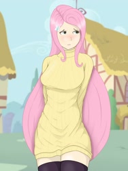 Size: 1620x2160 | Tagged: safe, artist:applelord, imported from derpibooru, fluttershy, human, blushing, clothes, humanized, long hair, looking away, ponyville, shy, socks, sweater, sweater dress, sweatershy, thigh highs