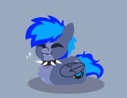Size: 1348x1048 | Tagged: safe, artist:bluemoon, imported from derpibooru, oc, oc only, oc:proffy floyd, bat pony, hybrid, pegasus, blue background, choker, fluffy, lying down, pegabat, ponyloaf, prone, simple background, solo, spiked choker