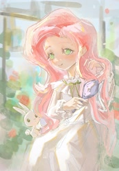 Size: 1640x2360 | Tagged: safe, artist:qiaoqiaosu52832, imported from derpibooru, angel bunny, fluttershy, human, rabbit, animal, anime, humanized, outdoors, smiling