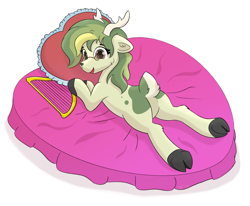 Size: 2355x1945 | Tagged: safe, artist:single purpose, imported from derpibooru, oc, oc only, oc:rhythm fruit, deer, antlers, bed, butt, cloven hooves, deer oc, featureless crotch, glasses, heart, looking at you, lyre, markings, musical instrument, non-pony oc, pillow, solo