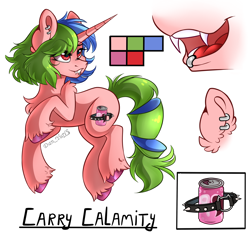 Size: 2200x2091 | Tagged: safe, artist:yuris, imported from derpibooru, oc, oc only, oc:carry calamity, pony, unicorn, chest fluff, colored hooves, cutie mark, ear piercing, earring, ears up, eye clipping through hair, eyebrows, eyebrows visible through hair, fangs, female, horn, jewelry, lip piercing, mare, open mouth, piercing, red eyes, reference sheet, shoulder fluff, simple background, smiling, solo, tail, turned head, two toned mane, two toned tail, unicorn oc, unshorn fetlocks, white background