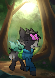 Size: 744x1052 | Tagged: safe, artist:chiefywiffy, imported from derpibooru, oc, oc only, butterfly, changeling, changeling oc, clothes, commission, eyes closed, forest, forest background, hoodie, male, nature, scenery, solo, stallion, tree