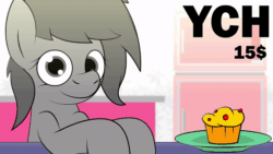Size: 1024x576 | Tagged: safe, artist:vilord, imported from derpibooru, oc, earth pony, pony, animated, commission, cupcake, eating, food, gif, looking at you, smiling, your character here