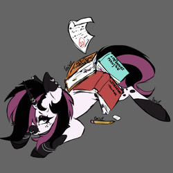 Size: 2048x2048 | Tagged: safe, artist:toxikil, imported from derpibooru, oc, oc:blitz chord, pony, unicorn, book, bracelet, coat markings, ear piercing, earring, emo, horn, horn ring, jewelry, lying down, makeup, nose piercing, nose ring, paper, pencil, piercing, ring, scene, simple background, socks (coat markings), solo, tired