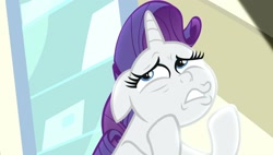 Size: 1920x1088 | Tagged: safe, imported from derpibooru, screencap, rarity, unicorn, dragon dropped, season 9, spoiler:s09, colored pupils, expression, expressions, eyelashes, facial expressions, frown, hairstyle, hasbro, horn, looking up, purple hair, purple mane, sad, solo, teeth, white coat, white fur