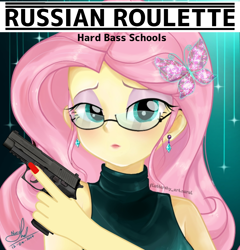 Size: 1194x1242 | Tagged: safe, artist:edy_january, artist:fluttershy_art.nurul, imported from derpibooru, fluttershy, human, equestria girls, equestria girls series, agent, album, album cover, album parody, butterfly hairpin, clothes, dress, geode of fauna, glasses, gun, handgun, hardbass, jewelry, magical geodes, music, p220, pistol, russian roulette, secret agent, solo, song, song reference, the matrix, trigger discipline, weapon
