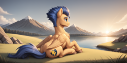 Size: 5120x2560 | Tagged: safe, imported from derpibooru, flash sentry, pegasus, pony, ai assisted, ai content, ai generated, folded wings, generator:pony diffusion v6 xl, generator:stable diffusion, high res, mountain, prompter:oranzinispegasiukas, river, scenery, sitting, solo, sun, sunset, water, wings
