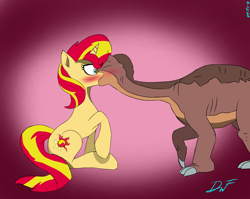 Size: 2292x1824 | Tagged: safe, artist:holdenwolfart, imported from derpibooru, sunset shimmer, dinosaur, pony, unicorn, blushing, crack shipping, gradient background, horn, kissing, littlefoot, shipping