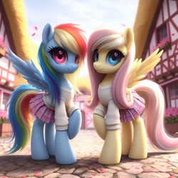 Size: 1024x1024 | Tagged: safe, imported from ponybooru, fluttershy, rainbow dash, pegasus, pony, ai content, ai generated, bing, clothed ponies, clothes, duo, female, looking at you, mare, matching outfits, ponyville, skirt, spread wings, sweater, wings