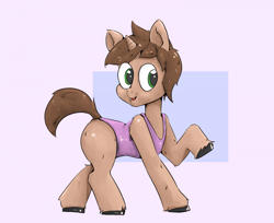 Size: 1920x1568 | Tagged: safe, artist:jorusbane, imported from derpibooru, oc, oc only, pony, unicorn, clothes, commission, horn, leotard, raised hoof, smiling, solo, tail, unicorn oc, unshorn fetlocks, ych result