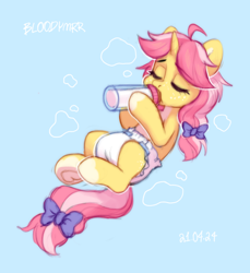 Size: 2344x2560 | Tagged: safe, artist:bloodymrr, imported from derpibooru, oc, oc only, oc:crafty circles, pony, unicorn, abdl, baby bottle, blue background, bottle, bottle feeding, bow, cloud, commission, diaper, diaper fetish, drawing, drink, drinking, eyes closed, female, fetish, filly, filly oc, foal, foal bottle, freckles, hair bow, horn, lying down, milk, non-baby in diaper, not kettle corn, pacifier, pink hair, simple background, solo, yellow skin