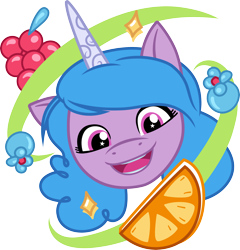 Size: 3000x3126 | Tagged: safe, artist:cloudy glow, imported from derpibooru, izzy moonbow, pony, unicorn, bust, female, food, fruit, g5, horn, mare, orange, portrait, simple background, solo, transparent background, vector