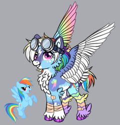 Size: 1280x1332 | Tagged: safe, artist:malinraf1615, imported from derpibooru, rainbow dash, pony, alternate design, colored wings, goggles, gray background, multicolored wings, simple background, solo, wings