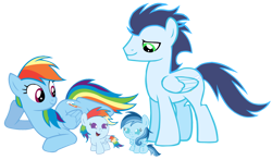 Size: 3812x2235 | Tagged: safe, imported from derpibooru, rainbow dash, soarin', oc, oc:ragtag, oc:shooting star, pegasus, pony, baby, baby pony, female, filly, foal, male, mare, offspring, parent:rainbow dash, parent:soarin', parents:soarindash, shipping, siblings, simple background, soarindash, stallion, straight, transparent background, twins