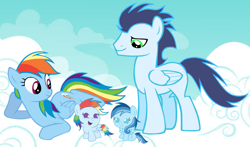 Size: 3812x2235 | Tagged: safe, imported from derpibooru, rainbow dash, soarin', oc, oc:ragtag, oc:shooting star, pegasus, pony, baby, baby pony, female, filly, foal, male, mare, offspring, parent:rainbow dash, parent:soarin', parents:soarindash, shipping, siblings, soarindash, stallion, straight, twins