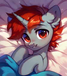 Size: 800x896 | Tagged: safe, imported from derpibooru, oc, oc only, oc:kardy wing, pony, unicorn, bed, blanket, cute, gray fur, horn, looking at you, lying down, male, red eyes, red hair, solo, stallion