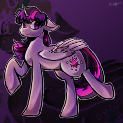 Size: 2000x2000 | Tagged: safe, artist:matilly, imported from derpibooru, twilight sparkle, alicorn, pony, digital art, floppy ears, folded wings, halftone, highlight sparkle, highlights, horn, looking back, purple background, purple coat, purple eyes, screentone, signature, simple background, solo, strut, strutting, tail, twilight sparkle (alicorn), two toned mane, two toned tail, wings