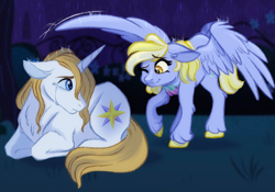 Size: 2048x1430 | Tagged: safe, artist:carouselunique, imported from derpibooru, derpy hooves, prince blueblood, pegasus, pony, unicorn, blonde mane, blonde tail, colored wings, complex background, crying, derp, derpblood, digital art, female, garden, grass, grass field, horn, looking at each other, looking at someone, lying down, male, night, one eye closed, ponyloaf, prone, rain, raised hoof, rarepair, shipping, spread wings, straight, tail, two toned wings, unshorn fetlocks, wet, wet mane, white coat, wing umbrella, wings, wink