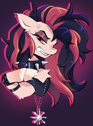 Size: 1746x2378 | Tagged: safe, artist:breloomsgarden, imported from derpibooru, oc, oc only, oc:melody heartburn, earth pony, amulet, angry, bust, chaos star, collar, earth pony oc, jewelry, not pinkie pie, portrait, spiked collar, vein bulge