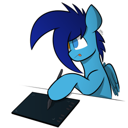 Size: 2384x2384 | Tagged: safe, artist:japkozjad, imported from derpibooru, oc, oc only, oc:apply, pegasus, pony, drawing tablet, heterochromia, holding, looking at something, pegasus oc, simple background, solo, stylus, tongue out, white background, wings