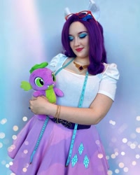 Size: 1080x1349 | Tagged: safe, imported from derpibooru, rarity, spike, human, clothes, cosplay, costume, cutie mark, cutie mark on clothes, eyeshadow, irl, irl human, kumoricon, makeup, measuring tape, photo, plushie