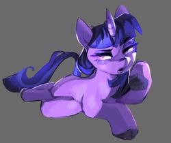 Size: 1527x1284 | Tagged: safe, alternate version, artist:guarimbasmrd, imported from derpibooru, twilight sparkle, pony, unicorn, alternate timeline, bags under eyes, eternal night au (janegumball), female, gray background, horn, looking at you, lying down, mare, nightmare takeover timeline, prone, simple background, solo, unicorn twilight