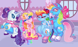Size: 3000x1830 | Tagged: safe, artist:leopardsnaps, imported from derpibooru, rainbow dash, rainbow dash (g3), rarity, rarity (g3), earth pony, pegasus, pony, unicorn, bipedal, clothes, cute, dress, g3, g3 to g4, generation leap, group, grumpy, horn, jewelry, looking at each other, looking at someone, necklace, pouting, quartet, rainbow dash always dresses in style, screencap background, shoes, sitting, socks